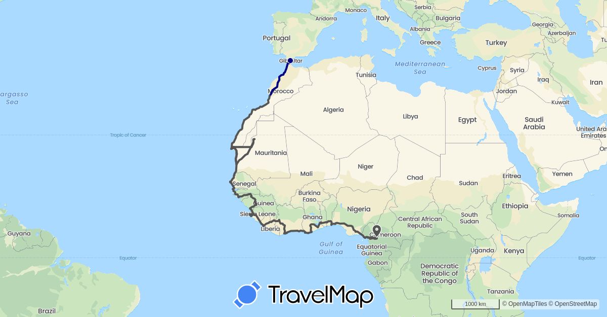 TravelMap itinerary: driving, motorbike in Benin, Côte d'Ivoire, Cameroon, Spain, Ghana, Gambia, Guinea, Guinea-Bissau, Liberia, Morocco, Mauritania, Nigeria, Sierra Leone, Senegal, Togo (Africa, Europe)